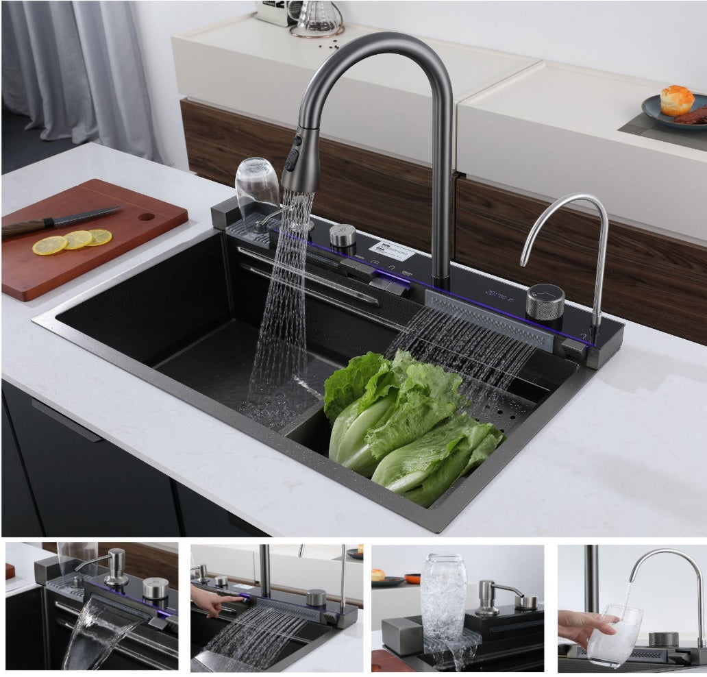 Fregador De Cocina Multifunción Nano Black Piano Switch 750X460x220mm Negro Plomo Fregadores Tinas De Cocina