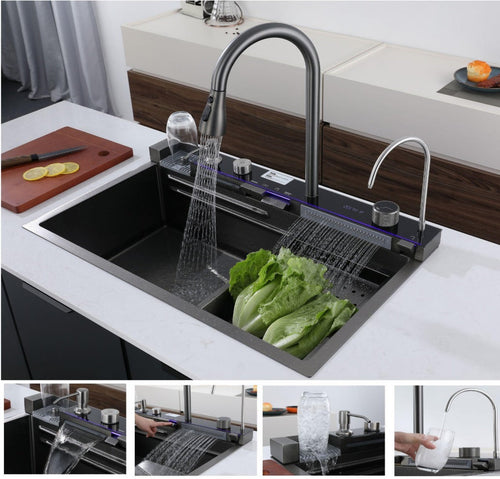 Fregador De Cocina Multifunción Nano Black Piano Switch 750X460x220mm Negro Plomo Fregadores Tinas De Cocina